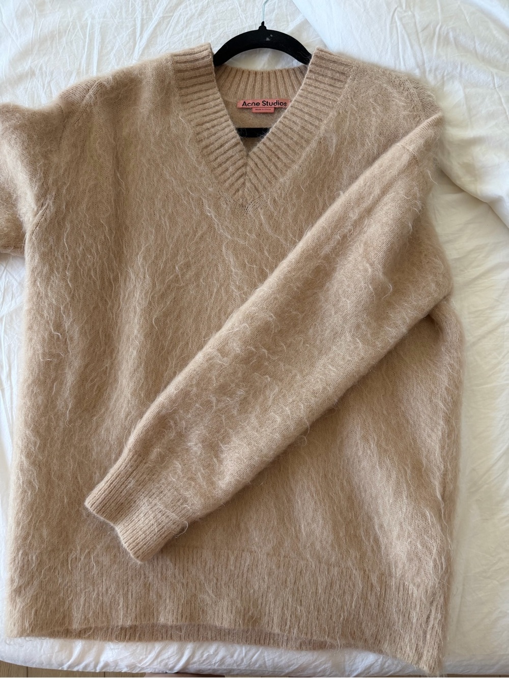 Acne Studios Women Fuzzy V-Neck Sweater in Light Beige oversized